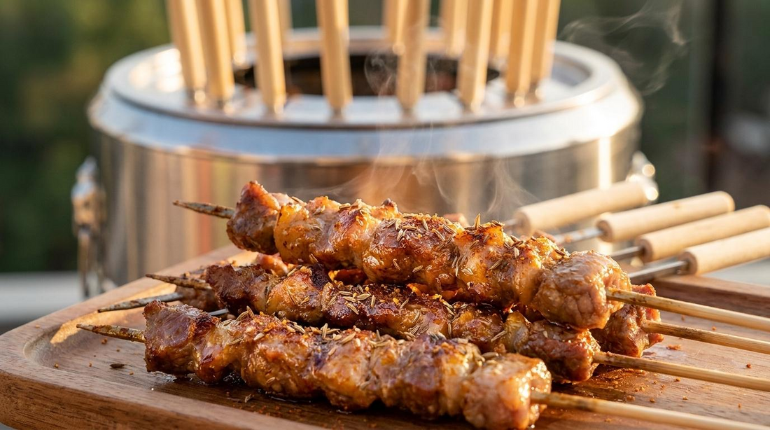 A close-up view of golden-brown, grilled lamb skewers seasoned with cumin seeds, resting on a wooden board in front of a vertical charcoal grill.