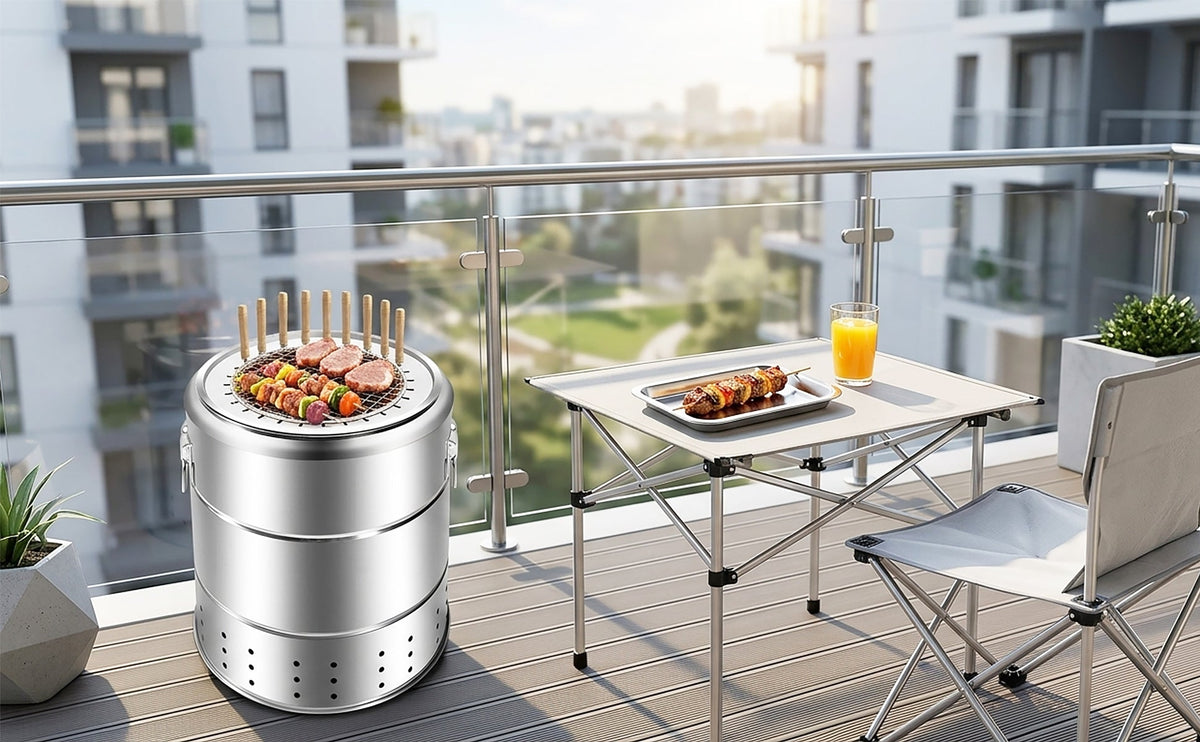 a yanflamma grill cooking skewers on a balcony of a modern apartment
