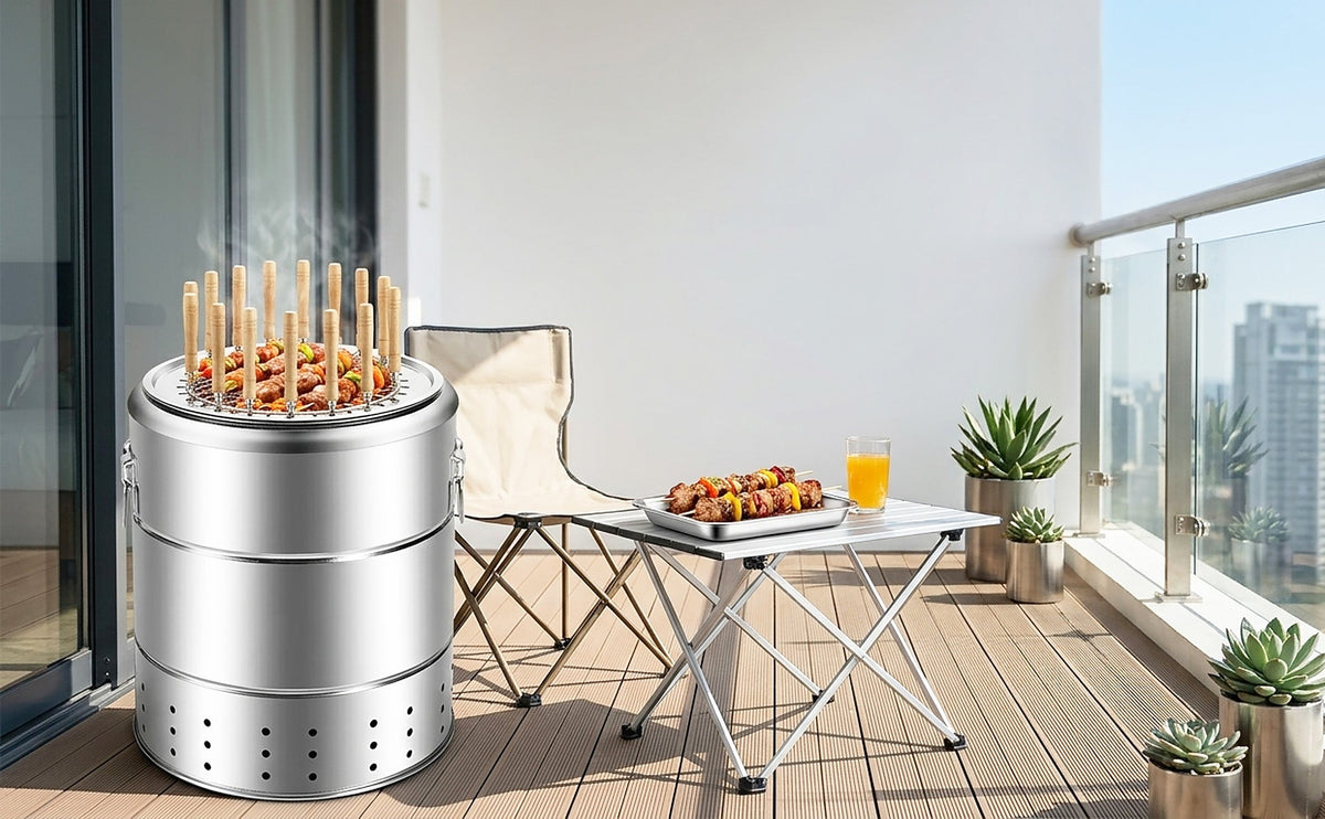 Yanflamma grill grilling skewers on a balcony