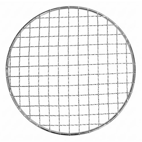 A circular metal barbecue grill grate mesh screen with a silver-colored wire grid pattern on a solid white background.