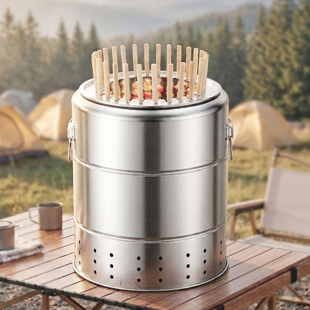A stainless steel charcoal grill for vertical skewers, sitting on a wooden picnic table with a forest and tents in the background.