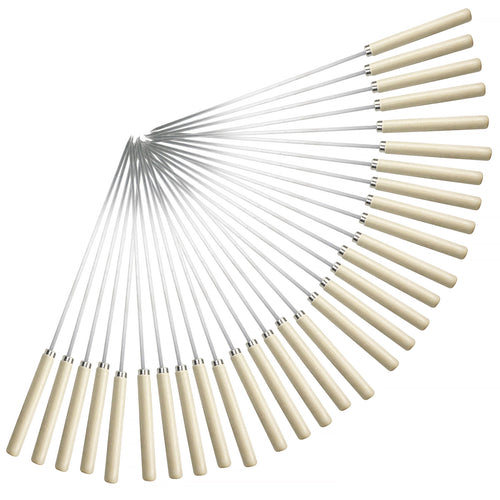 A fan-shaped arrangement of 22 metal skewers with light-colored wooden handles on a white background.
