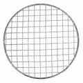 Overhead view of a circular, stainless steel wire mesh grill grate with a thick outer rim on a white background.