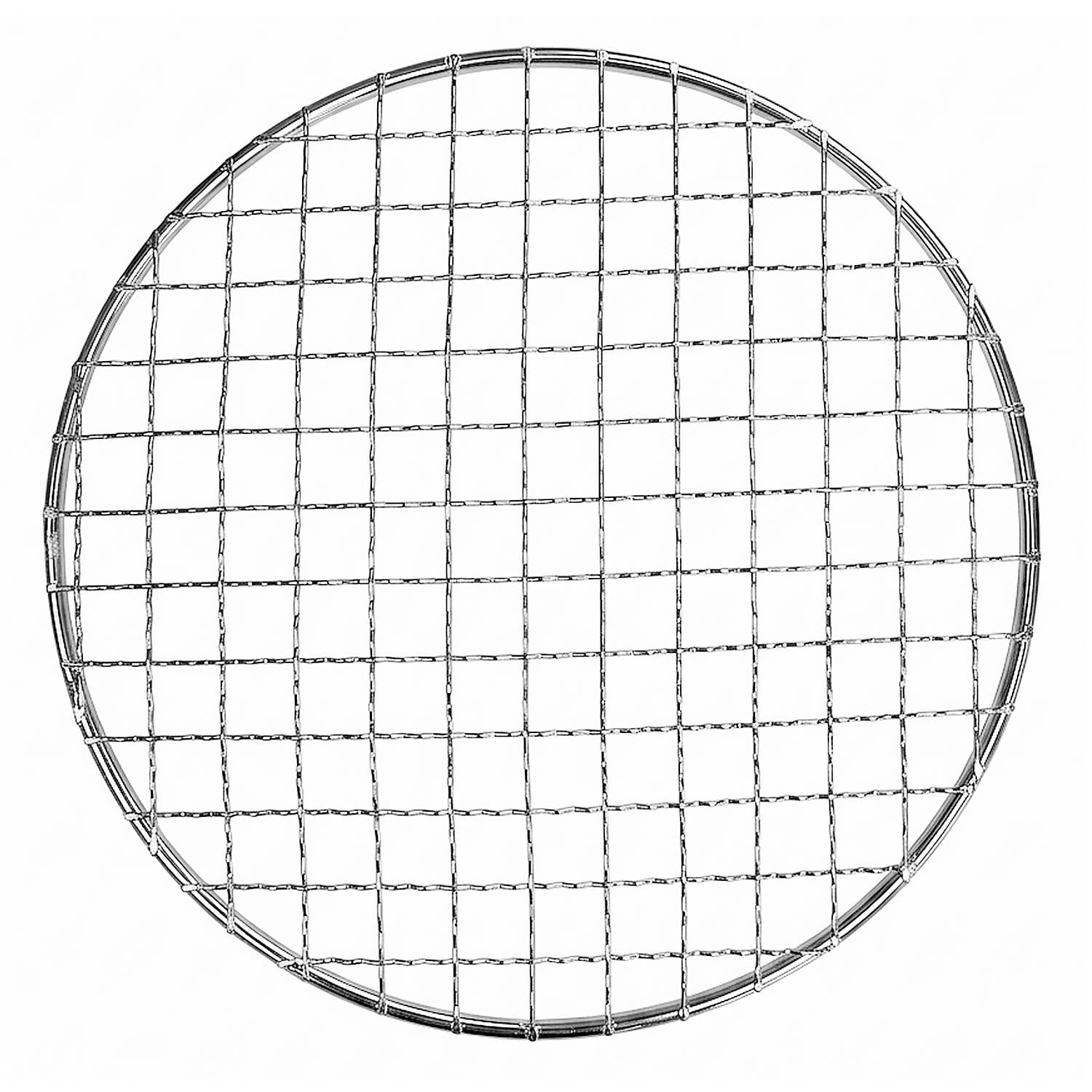 Overhead view of a circular, stainless steel wire mesh grill grate with a thick outer rim on a white background.