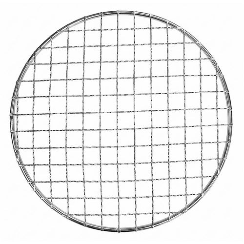 Overhead view of a circular, stainless steel wire mesh grill grate with a thick outer rim on a white background.