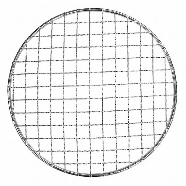 Overhead view of a circular, stainless steel wire mesh grill grate with a thick outer rim on a white background.