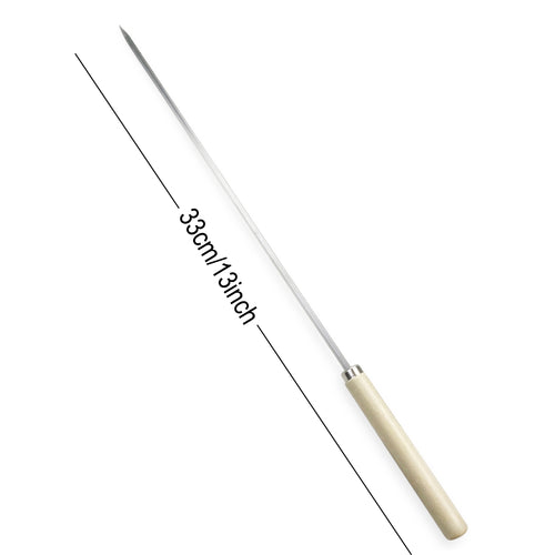 A single metal skewer with a wooden handle, measured with a line indicating its length is 33cm or 13 inches.