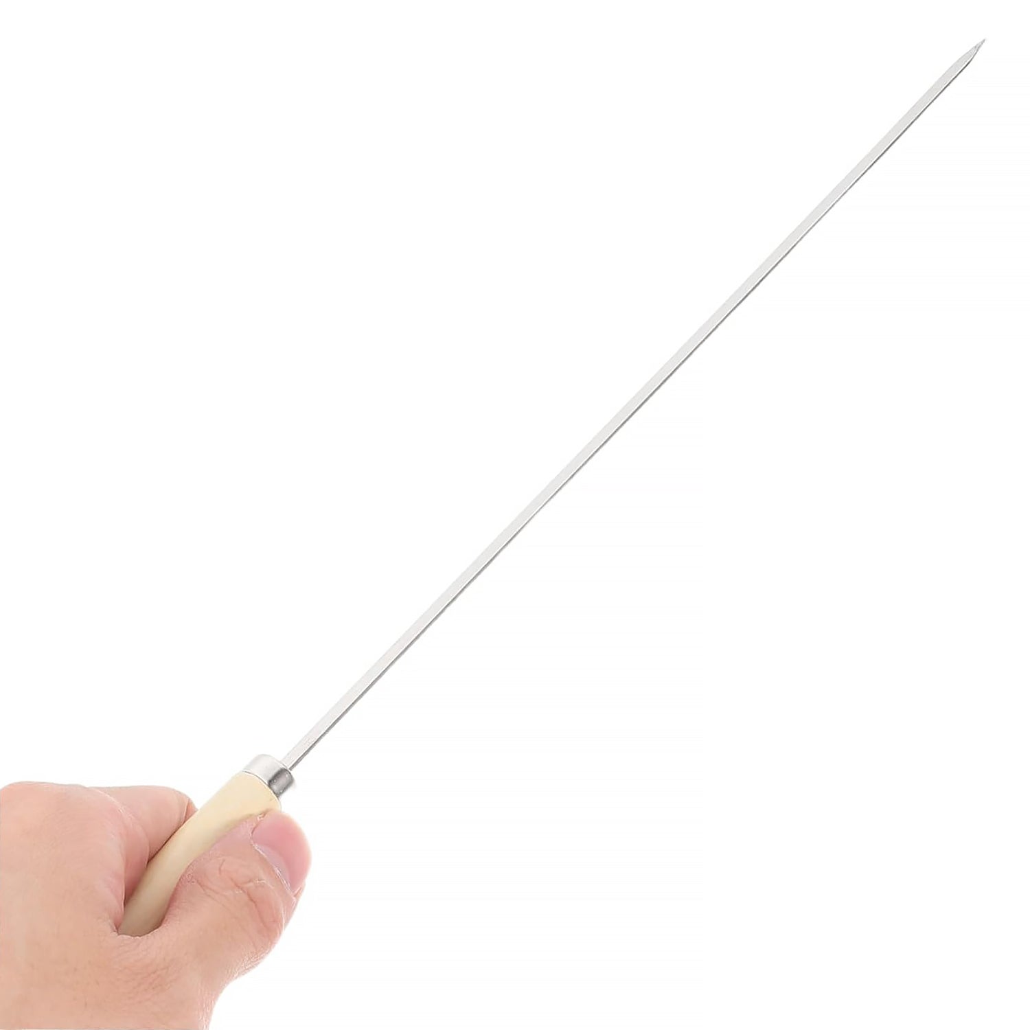 A person's hand holding a single metal skewer with a wooden handle, pointing upwards diagonally.