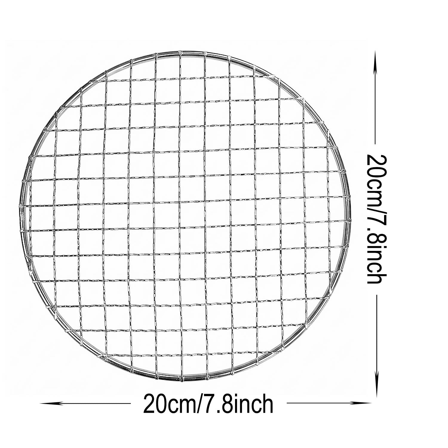 Circular wire grill grate with black dimension lines showing a diameter of 20cm or 7.8 inches.