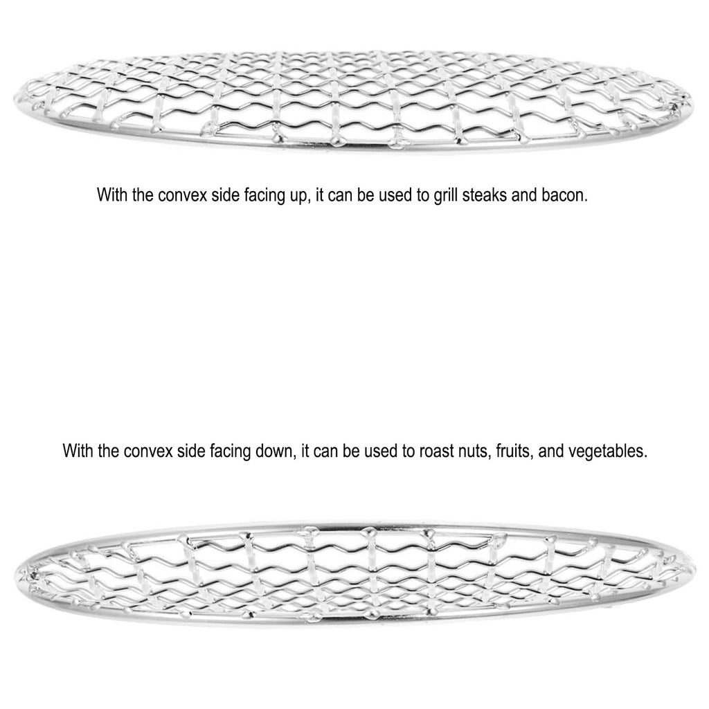 Side view of a grill grate: convex side up for steaks/bacon, and flipped convex side down for nuts and fruits.