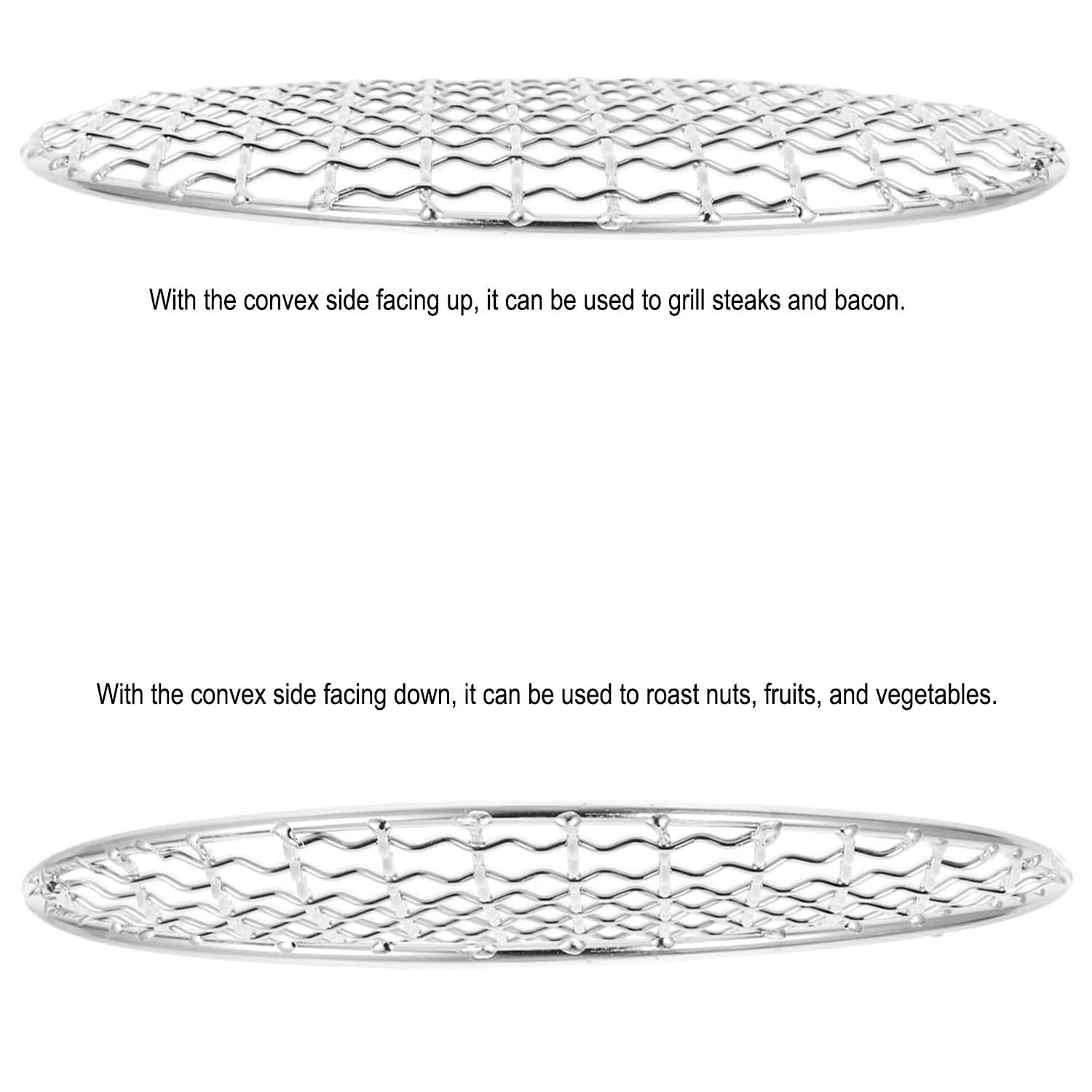 Side view of a grill grate: convex side up for steaks/bacon, and flipped convex side down for nuts and fruits.