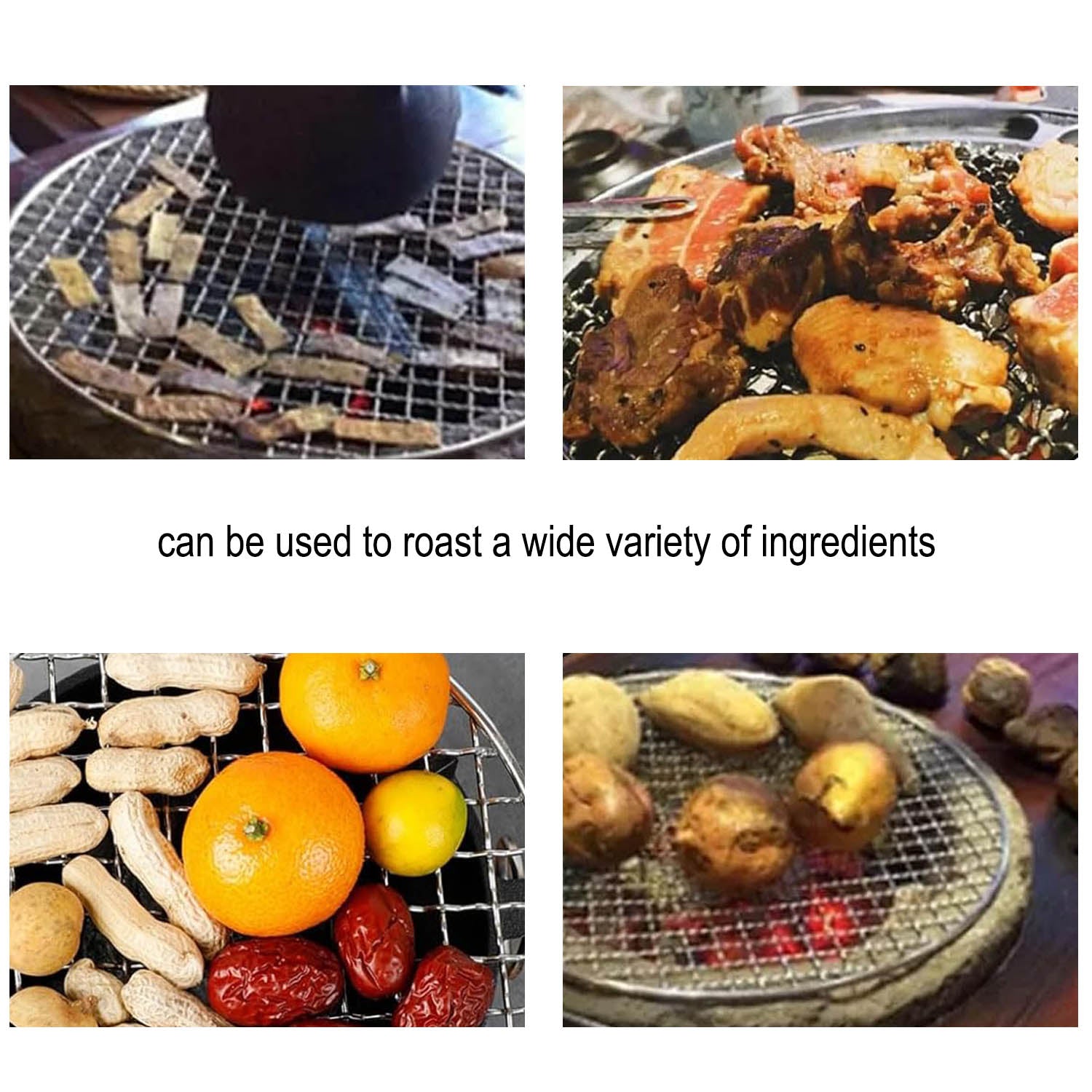 Four-panel collage showing a round wire grill roasting tea leaves, meat, citrus fruits, and sweet potatoes over coals.
