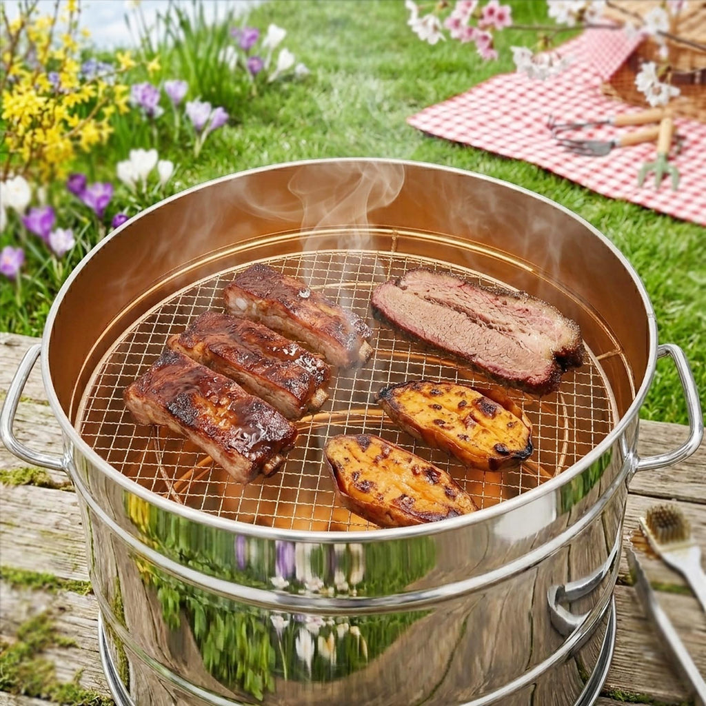 High-angle view of ribs, brisket, and sweet potatoes grilling on a circular wire rack inside the steel barrel.