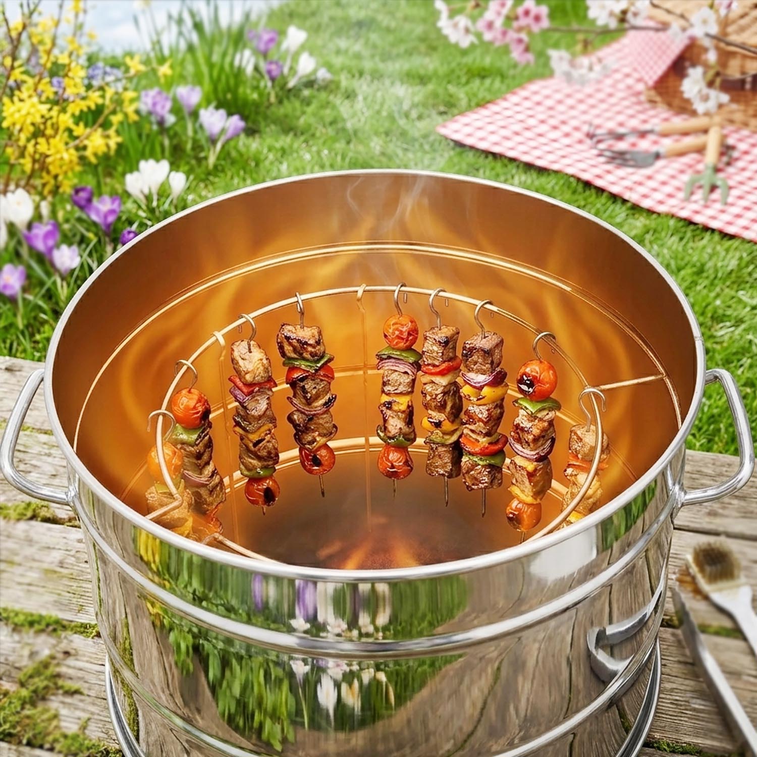 Interior view of meat and vegetable skewers hanging vertically from a circular rack inside the smoker barrel.