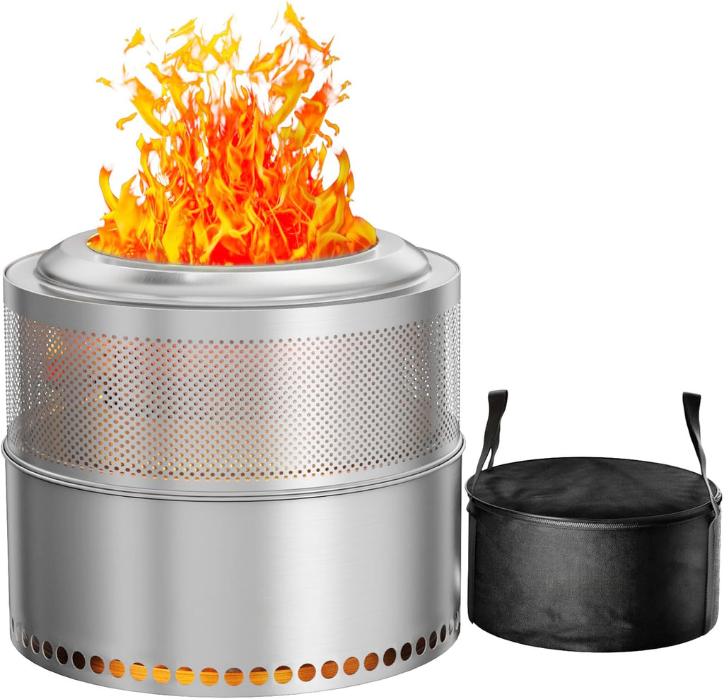 20-Inch Stainless Steel Fire Pit for Outside Wood Burning, Heavy Duty Outdoor Portable Firepit with Perforated Base and Removable Ash Tray