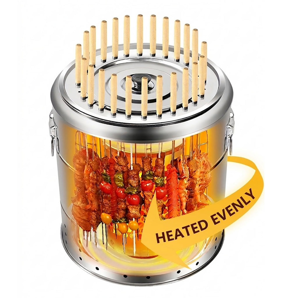 Vertical grill showing internal cooking; 360-degree yellow arrow says "HEATED EVENLY"