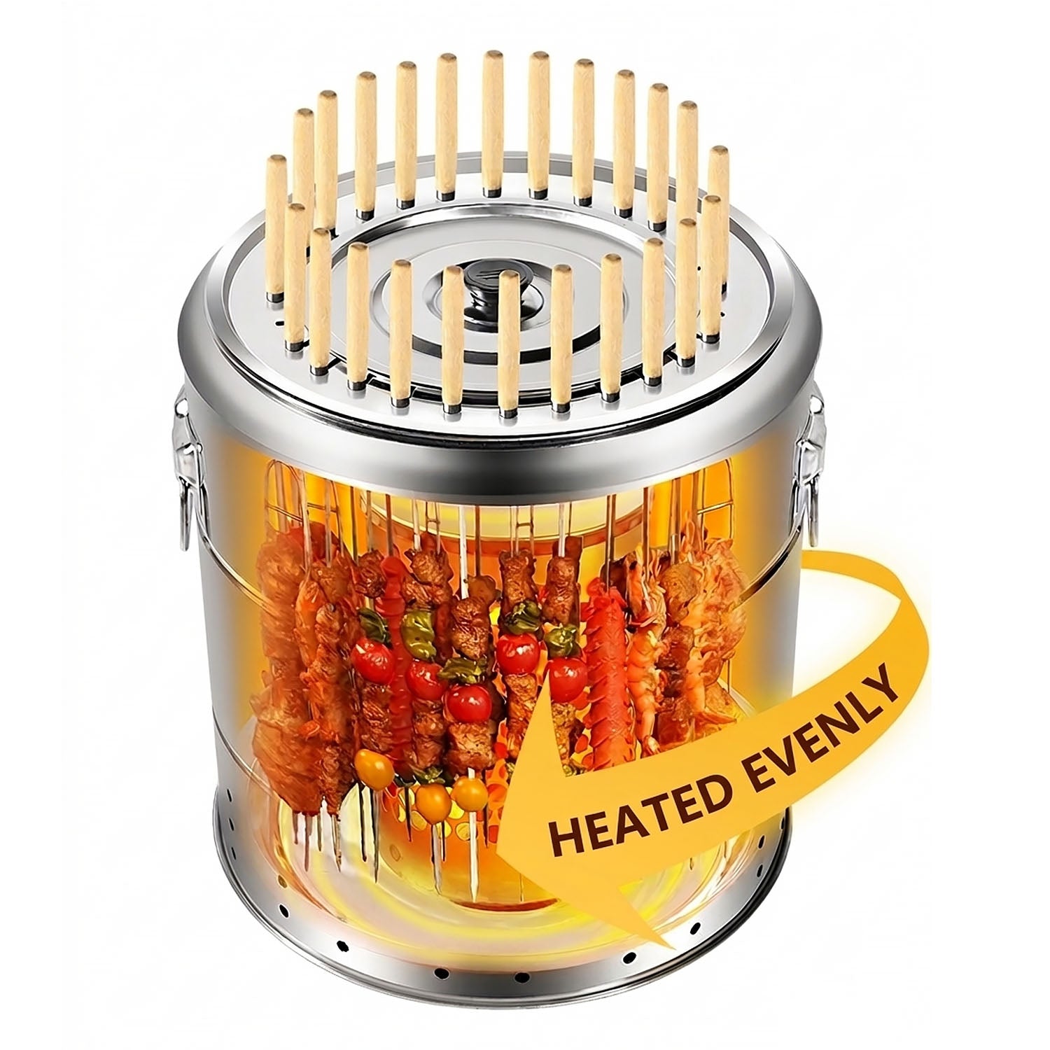 Vertical grill showing internal cooking; 360-degree yellow arrow says "HEATED EVENLY"