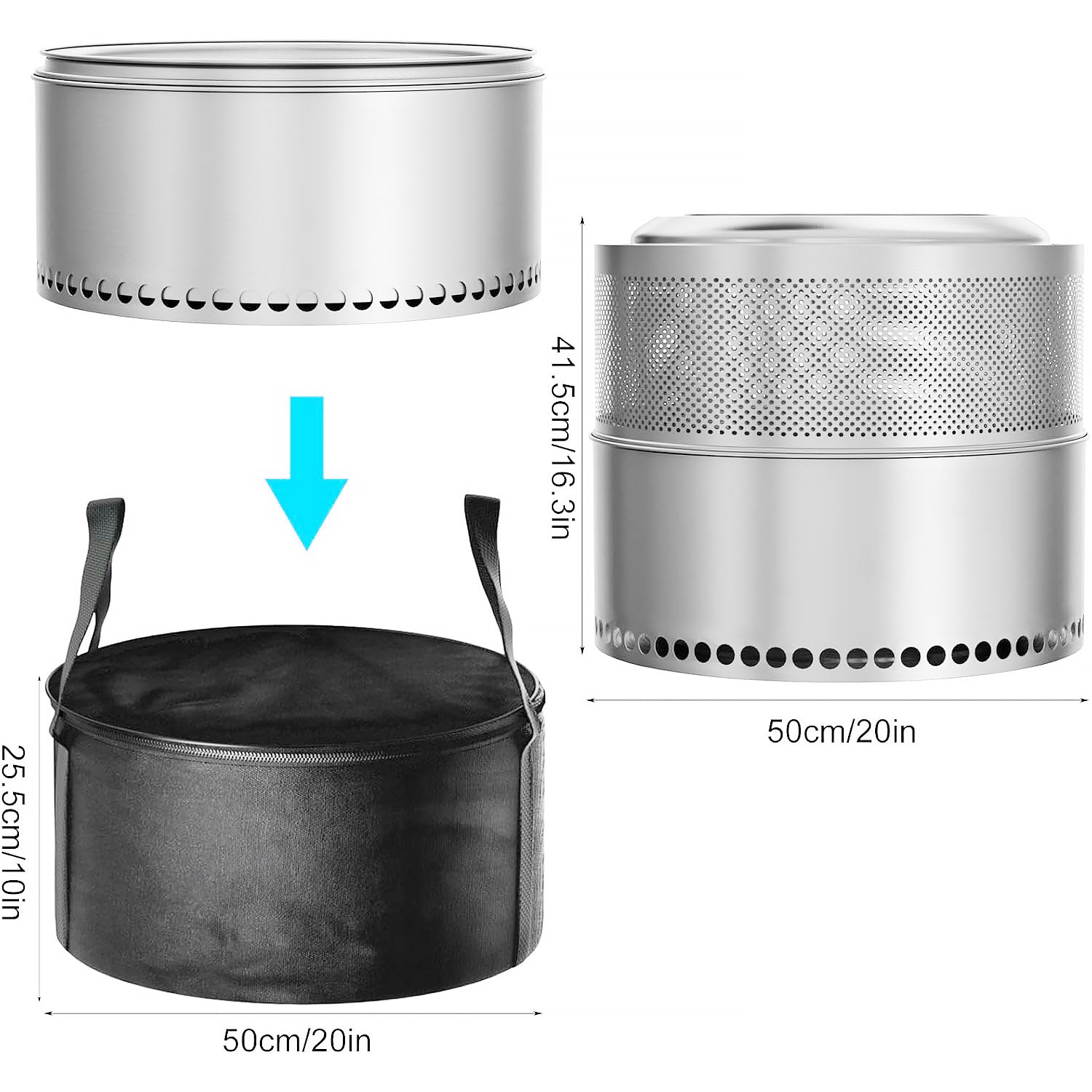 20-Inch Stainless Steel Fire Pit for Outside Wood Burning, Heavy Duty Outdoor Portable Firepit with Perforated Base and Removable Ash Tray