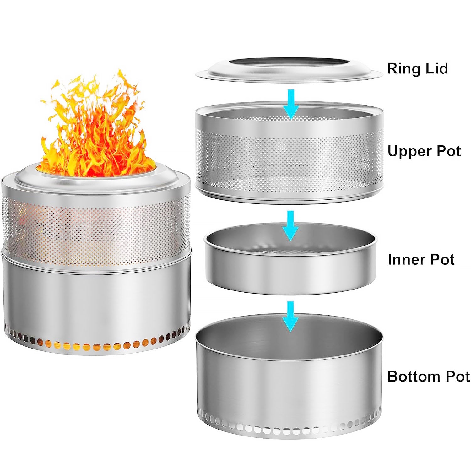 20-Inch Stainless Steel Fire Pit for Outside Wood Burning, Heavy Duty Outdoor Portable Firepit with Perforated Base and Removable Ash Tray