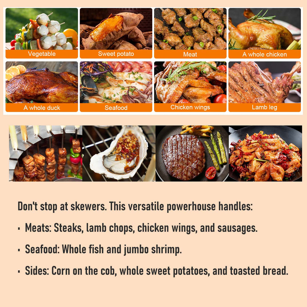 A photo grid showing various foods: vegetables, sweet potato, whole chicken, whole duck, seafood, etc.