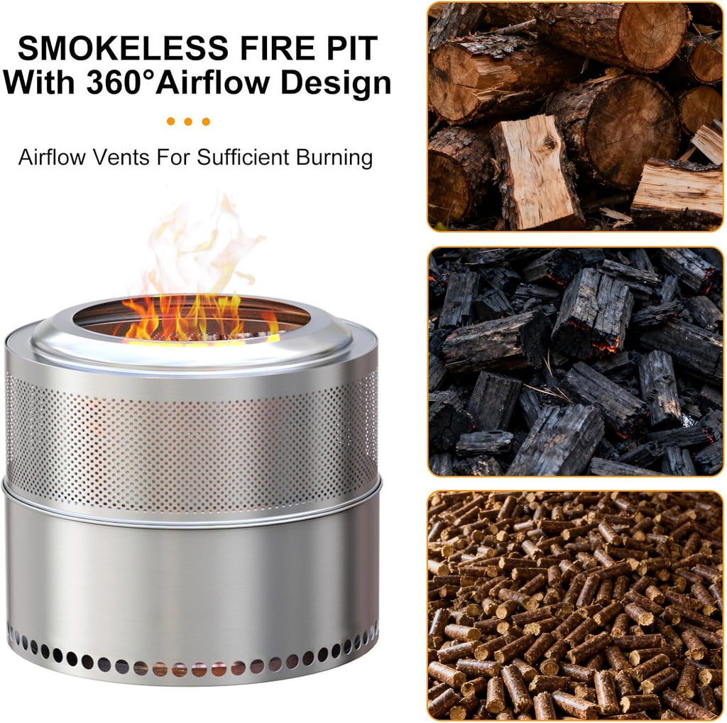 20-Inch Stainless Steel Fire Pit for Outside Wood Burning, Heavy Duty Outdoor Portable Firepit with Perforated Base and Removable Ash Tray
