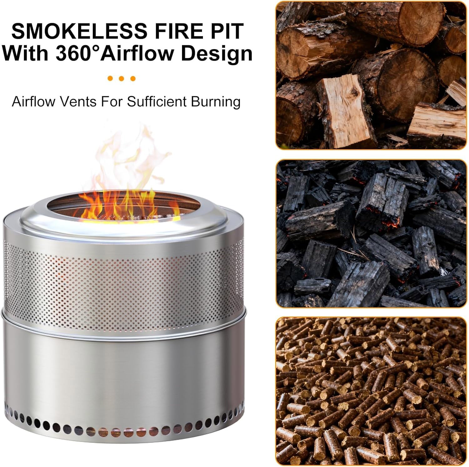 20-Inch Stainless Steel Fire Pit for Outside Wood Burning, Heavy Duty Outdoor Portable Firepit with Perforated Base and Removable Ash Tray