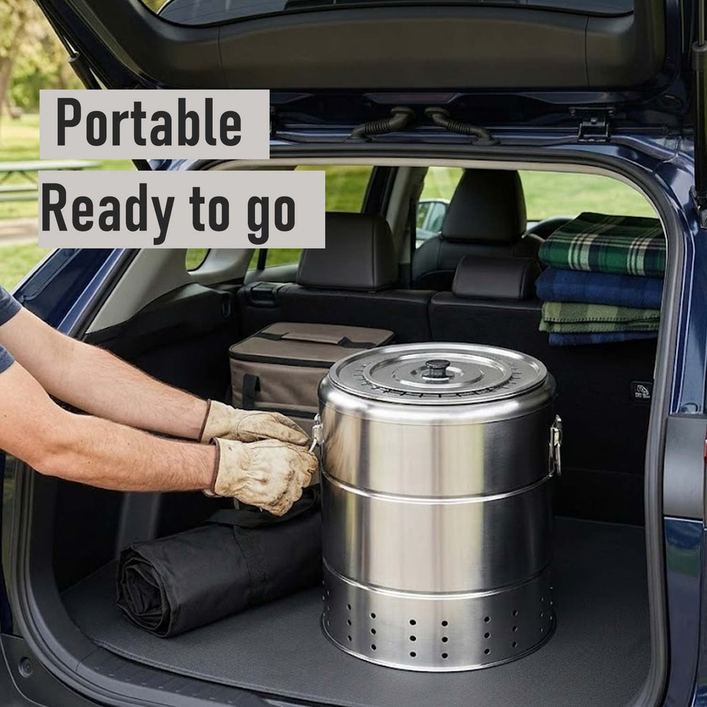 A close-up view of hands in gloves putting the large stainless steel grill into a car trunk