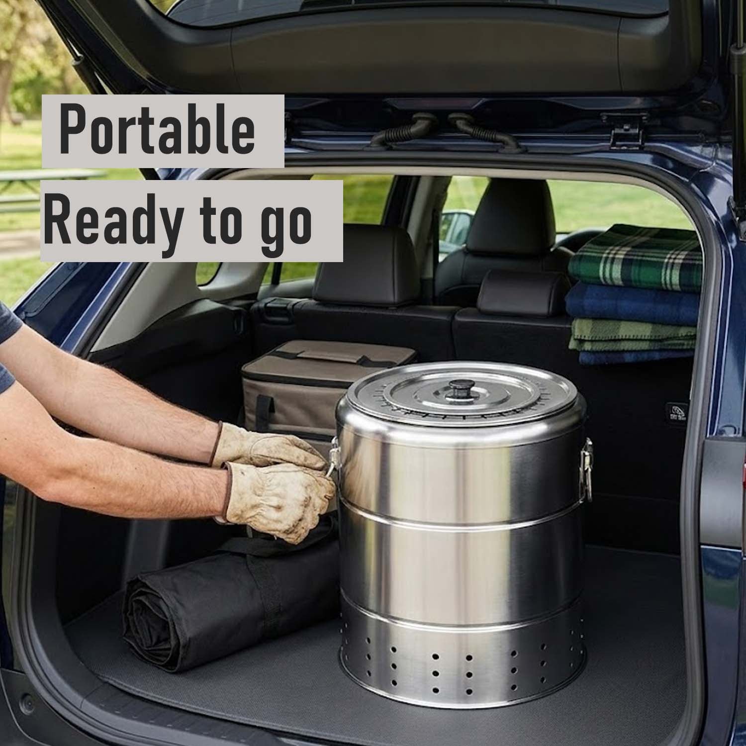 A close-up view of hands in gloves putting the large stainless steel grill into a car trunk