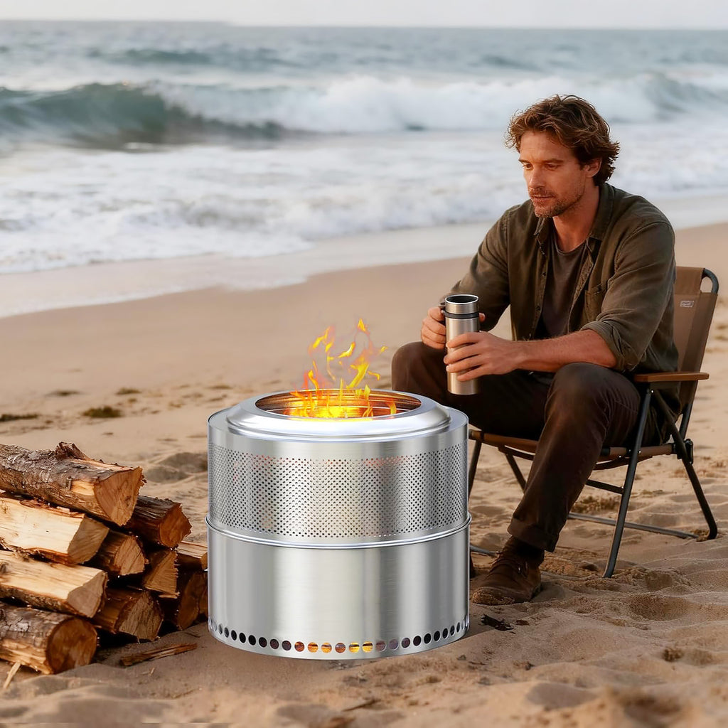 20-Inch Stainless Steel Fire Pit for Outside Wood Burning, Heavy Duty Outdoor Portable Firepit with Perforated Base and Removable Ash Tray