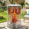 Transparent overlay of a vertical smoker showing meat skewers and slabs hanging around a central charcoal fire.