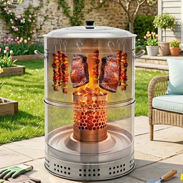 Transparent overlay of a vertical smoker showing meat skewers and slabs hanging around a central charcoal fire.