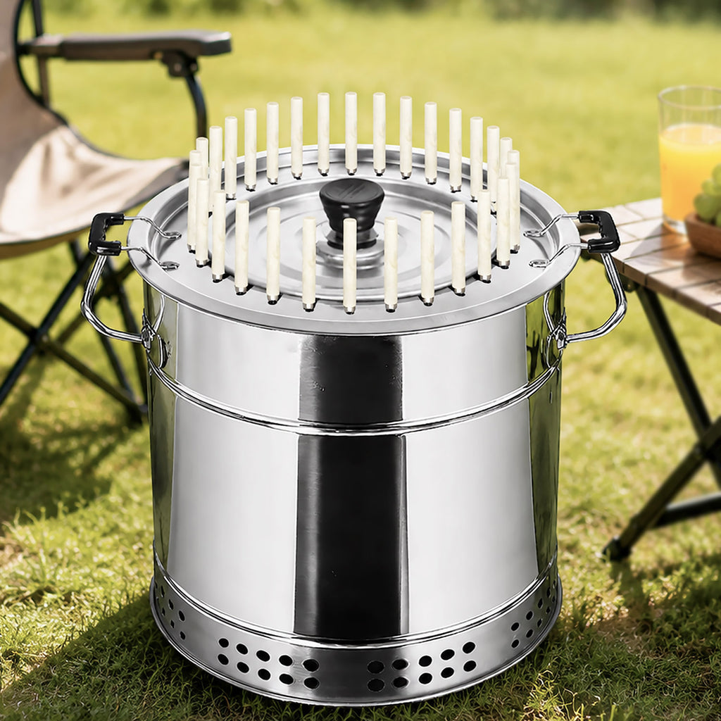 30 skewers double-layer nested bucket smokeless charcoal BBQ grill on a wooden table at a campsite