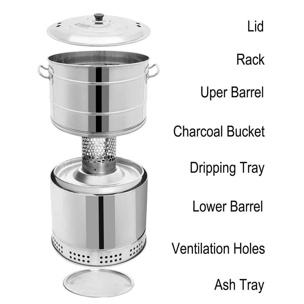 Stainless charcoal grill exploded view showing lid, rack, barrels, charcoal bucket, drip tray, and ash tray.