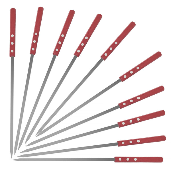A set of long metal skewers with red handles, arranged in a fan shape on a plain white background.