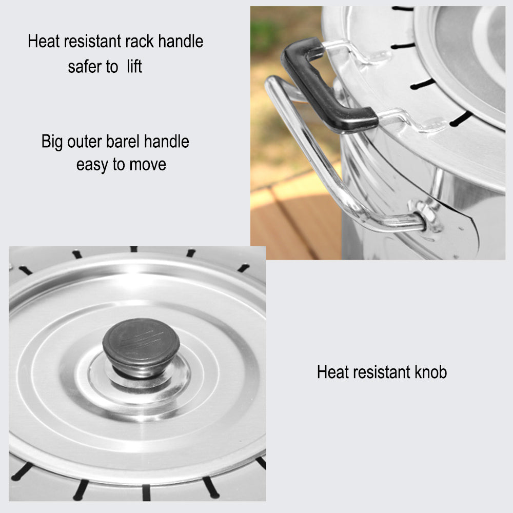 Close-up photos of the heat-resistant rack handle, outer barrel handle, and the lid's heat-resistant knob.