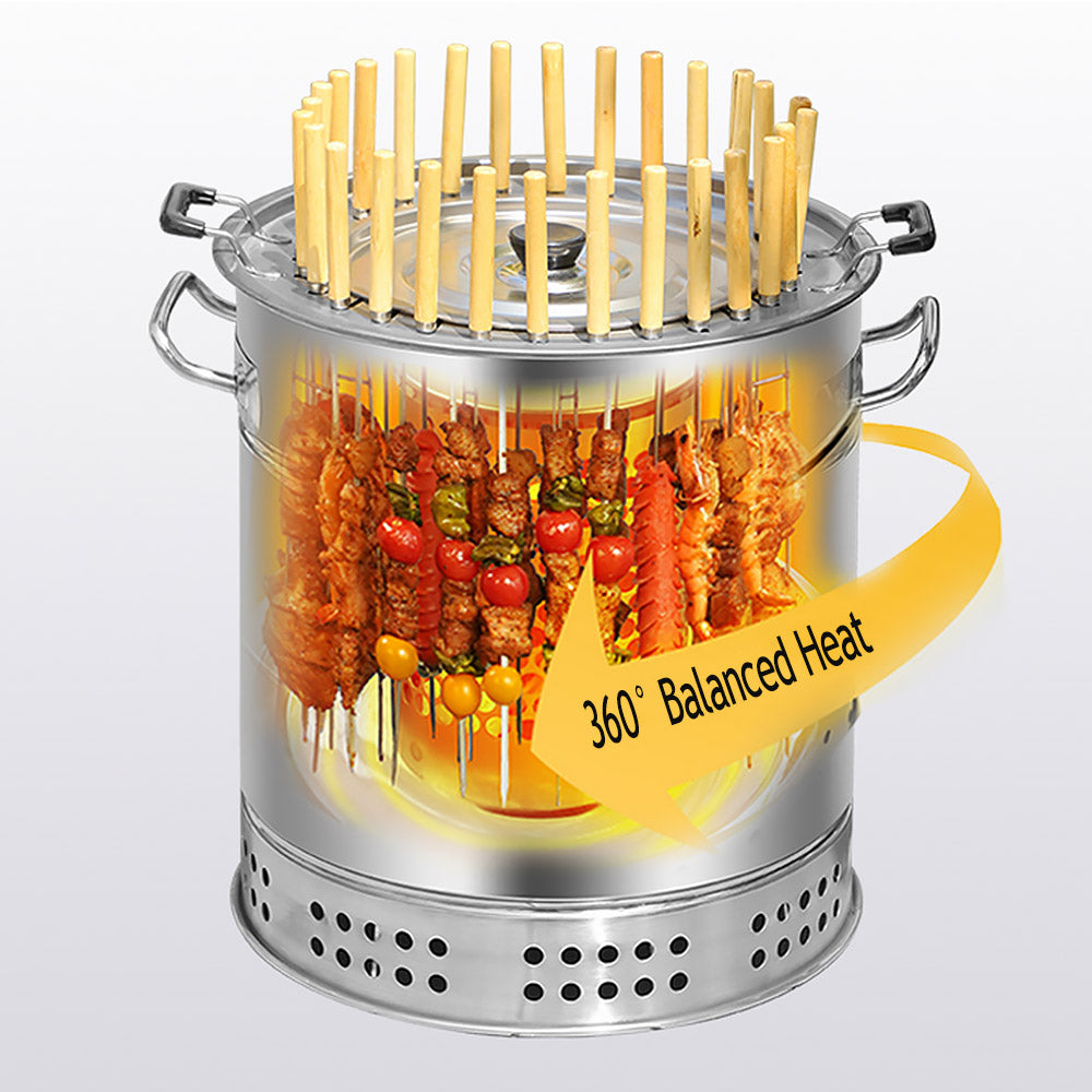 Exploded component view of the 30-skewer nested bucket grill showing all included parts and accessories