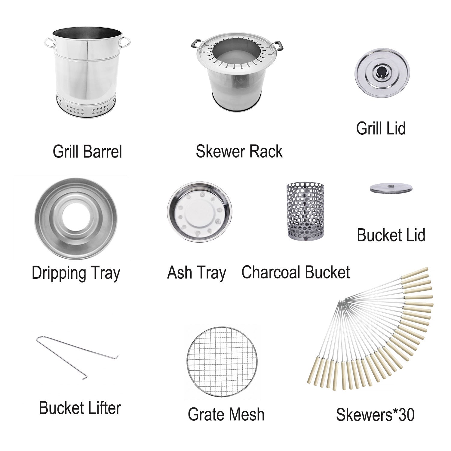 Labeled diagram of the 30-skewer grill components including lid, skewer rack, inner barrel, charcoal bucket