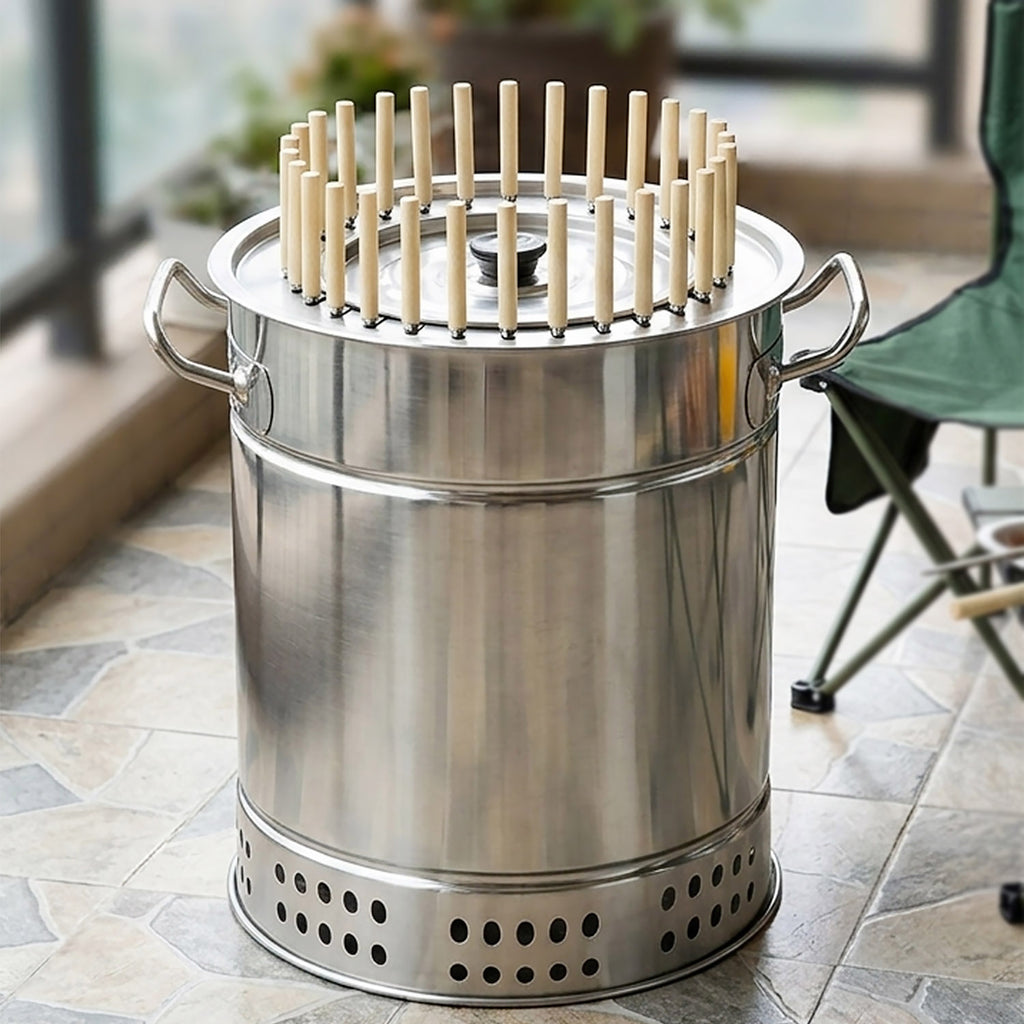 30 skewers multi-functional smokeless charcoal BBQ grill stainless steel stove on a white background