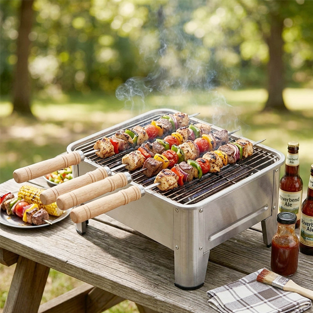10pcs 14'' BBQ Skewers Kabob Grill Skewers with Wooden Handle 304 Stainless Steel Flat Kebab Skewers for Meat Cubes, Donner Kebab, Tortilla Kebab, Hanging Grill Skewers with Clipper