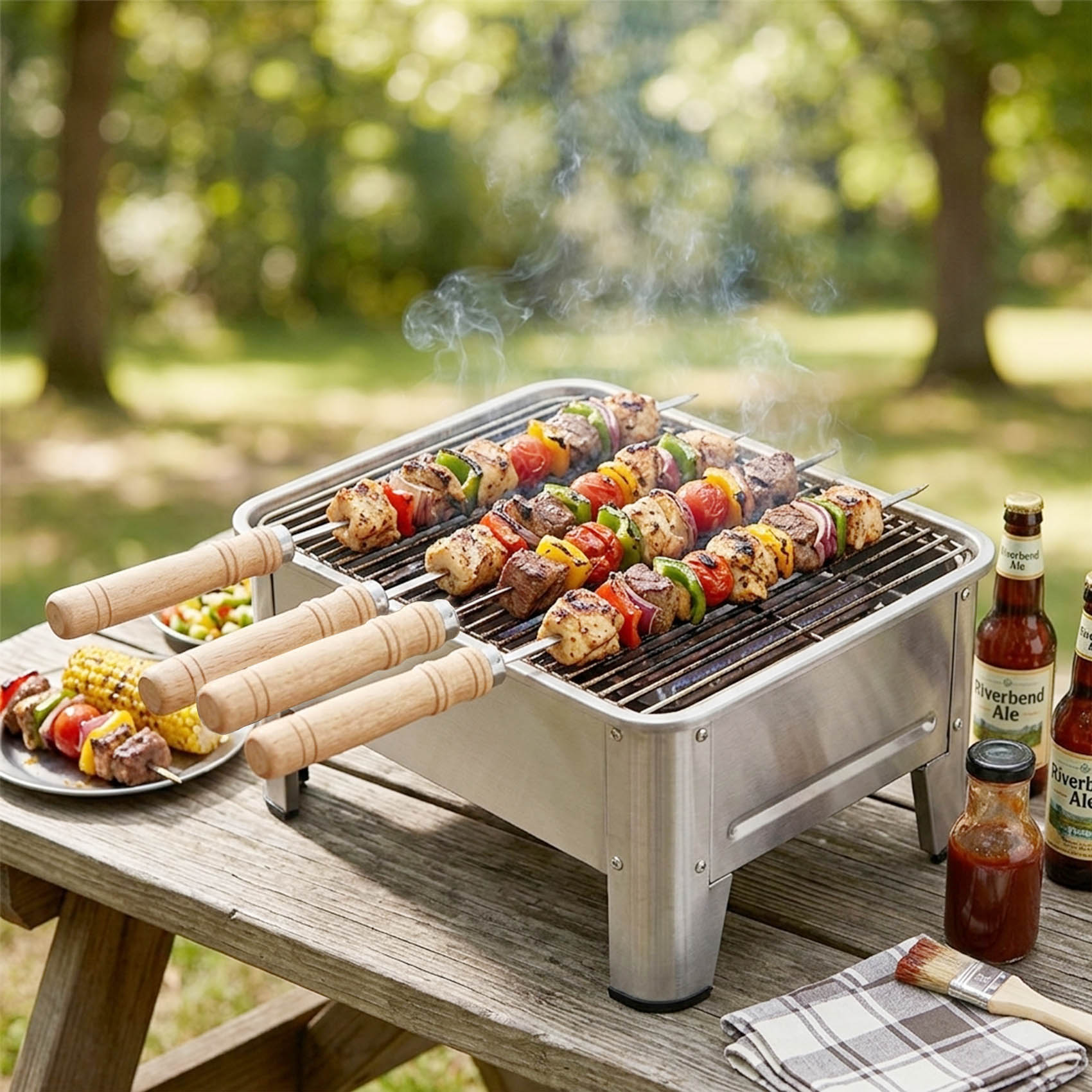 10pcs 14'' BBQ Skewers Kabob Grill Skewers with Wooden Handle 304 Stainless Steel Flat Kebab Skewers for Meat Cubes, Donner Kebab, Tortilla Kebab, Hanging Grill Skewers with Clipper
