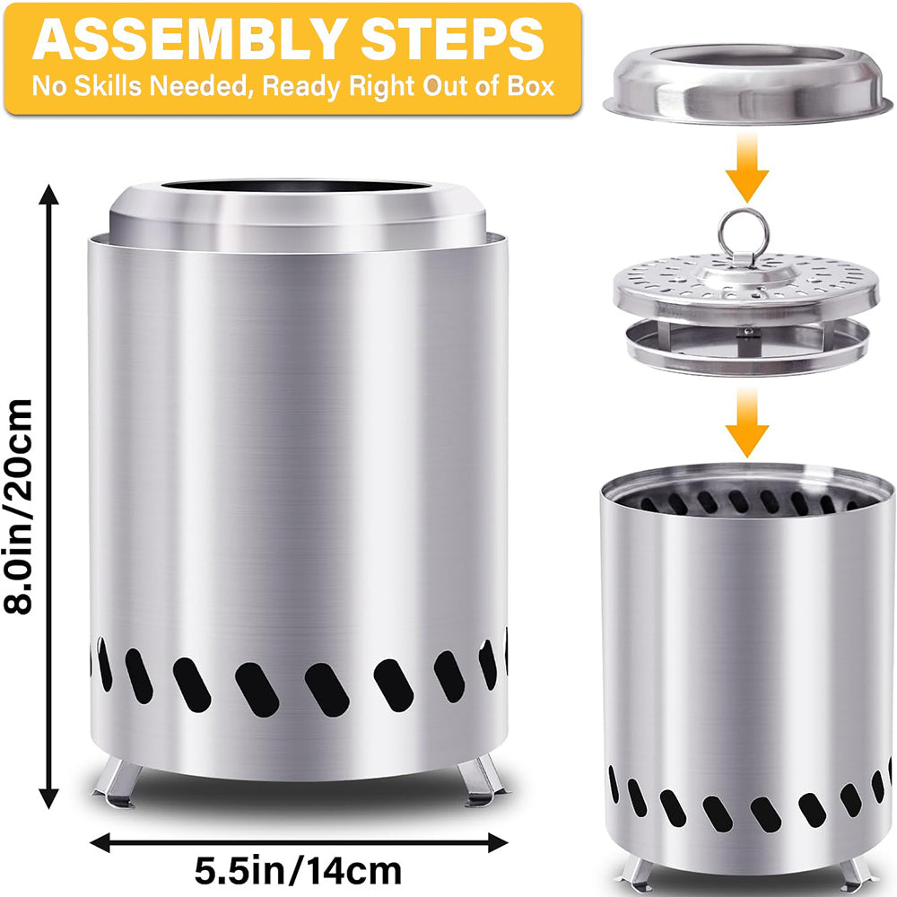 Mini smokeless stainless steel fire pit shown next to its included carry bag for portability