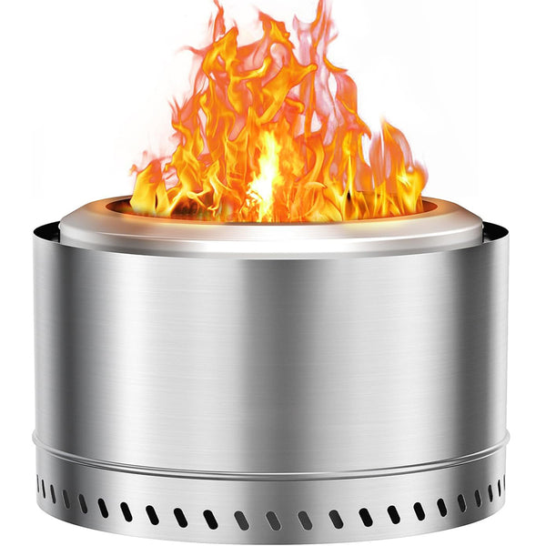 27-inch portable smokeless fire pit with side handles on an outdoor surface, stainless steel design