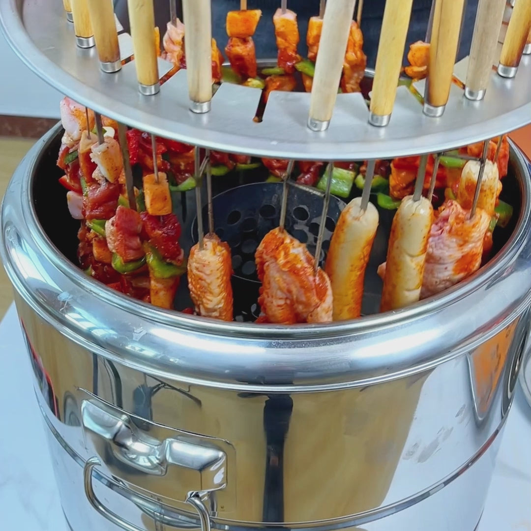 22 Skewers Capacity,  Double Layer Nested Bucket Smokeless Charcoal Barrel Hanging Grill