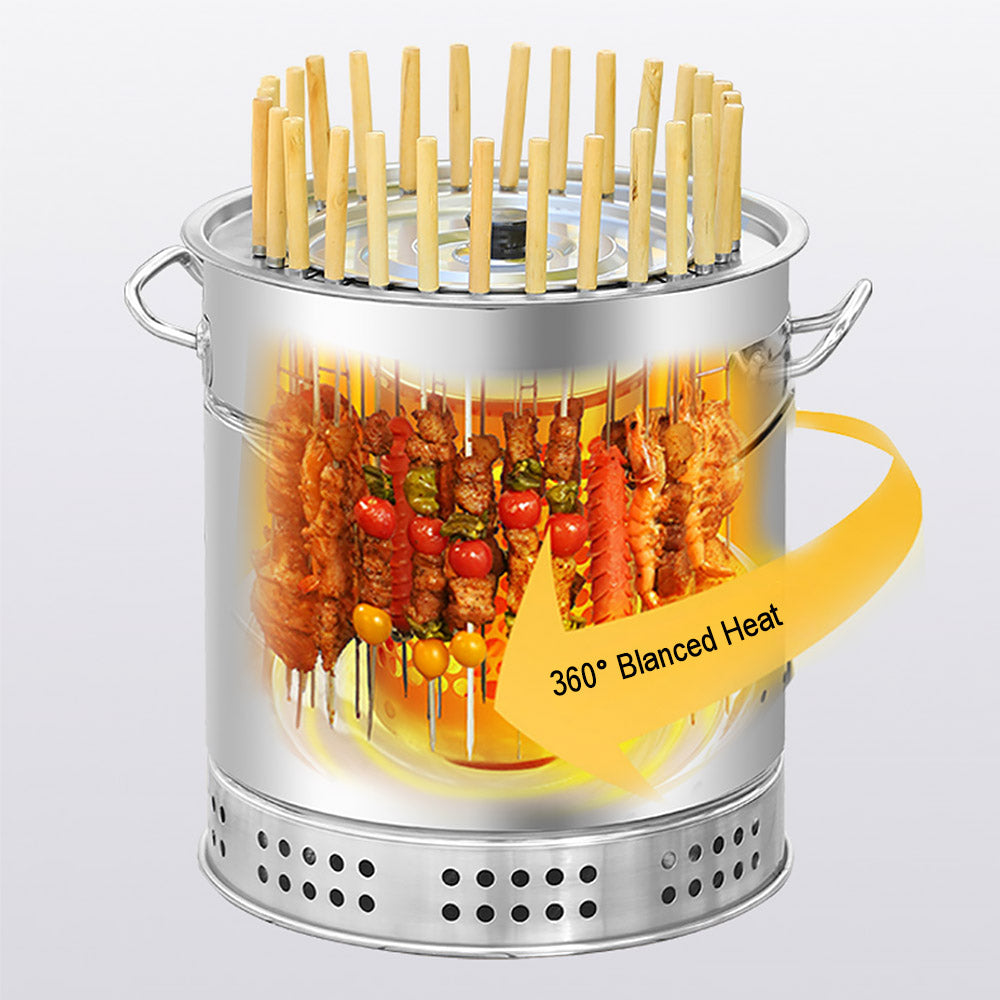 Contrast between a messy traditional grill and the hands-free, 360-degree constant-temp roasting of the vertical grill.