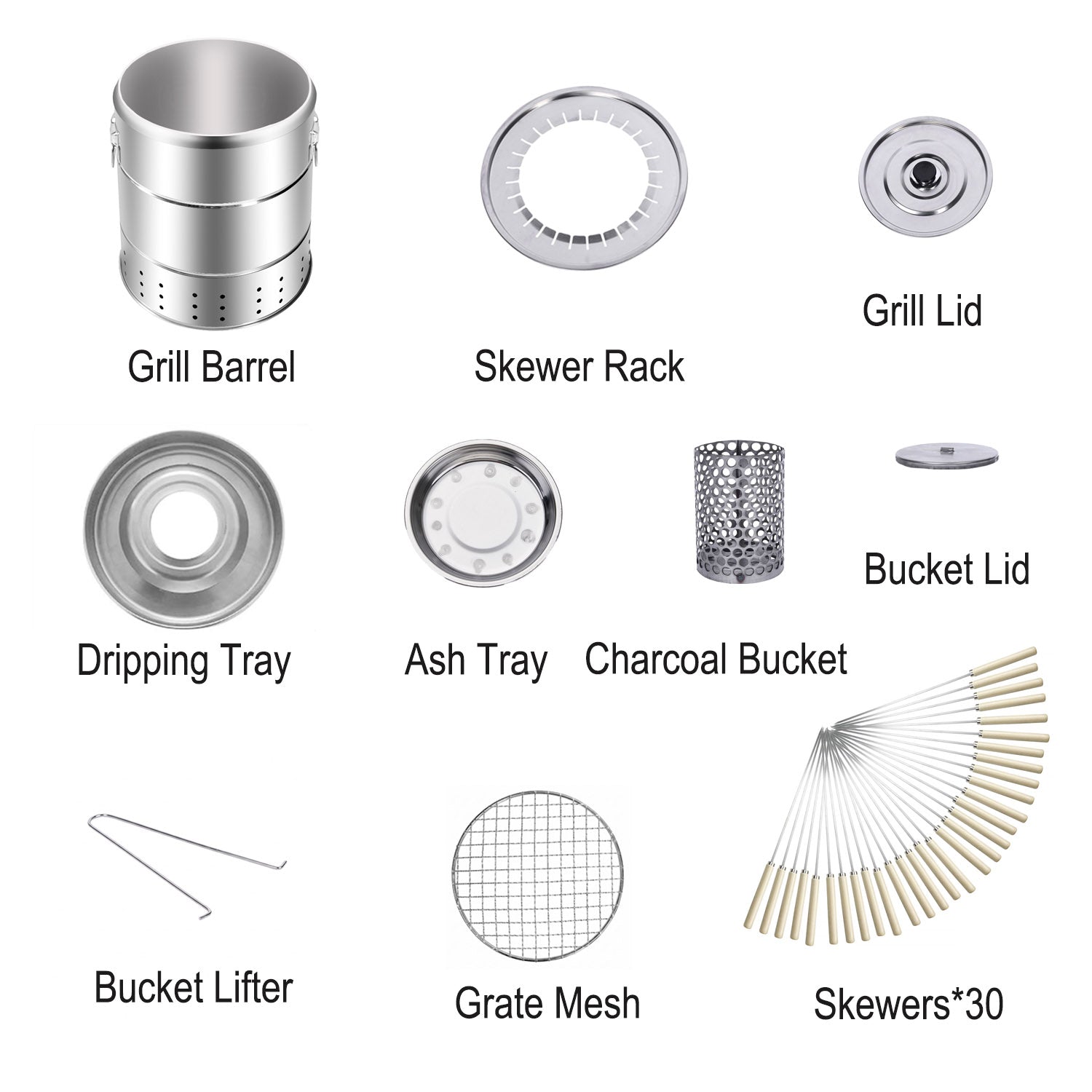 Product component layout including the barrel, rack, lid, trays, charcoal bucket, lifter, mesh, and 30 skewers.