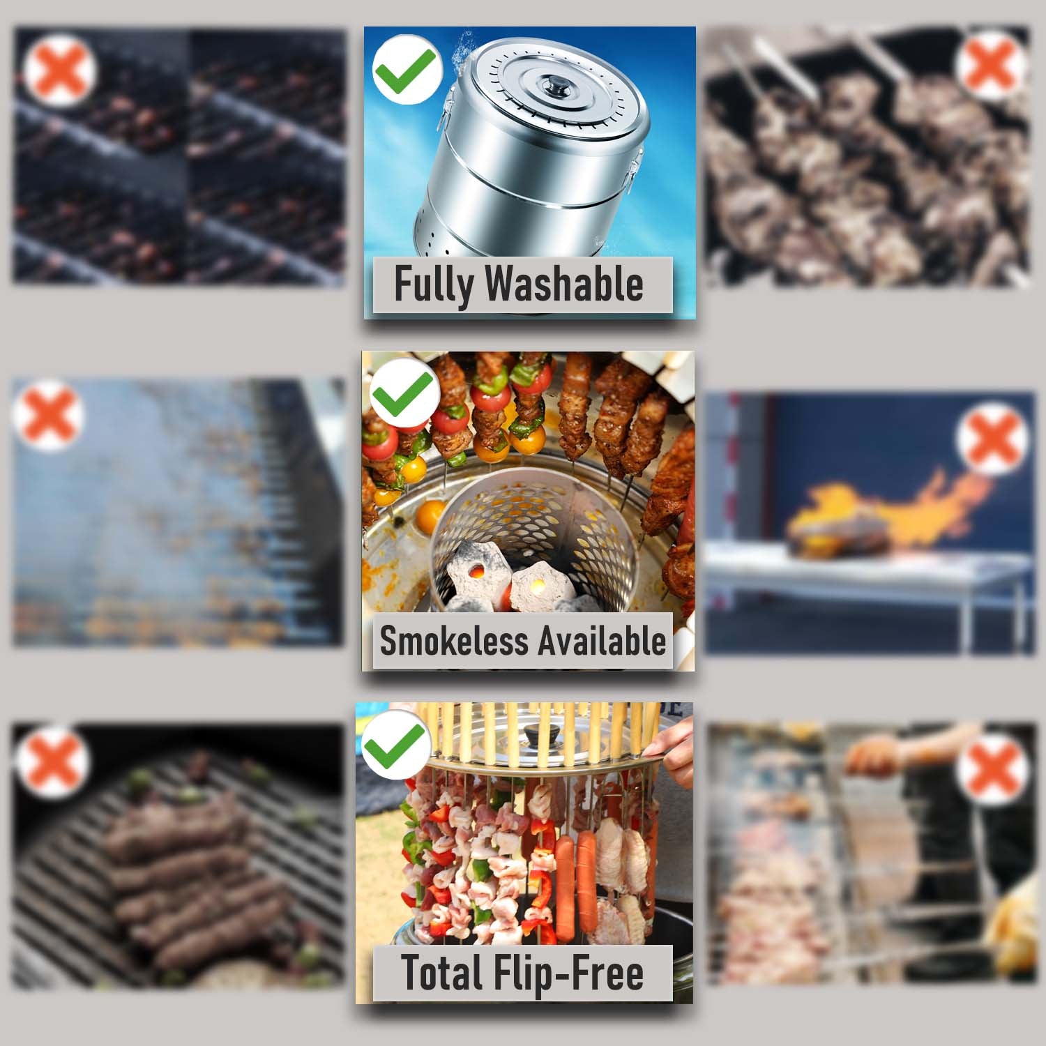 Comparison chart highlighting the 30-skewer grill is fully washable, smokeless, and requires no flipping
