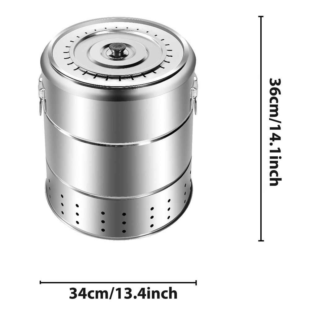 A diagram of the cylindrical stainless steel grill with a width of 34cm and height of 36cm.