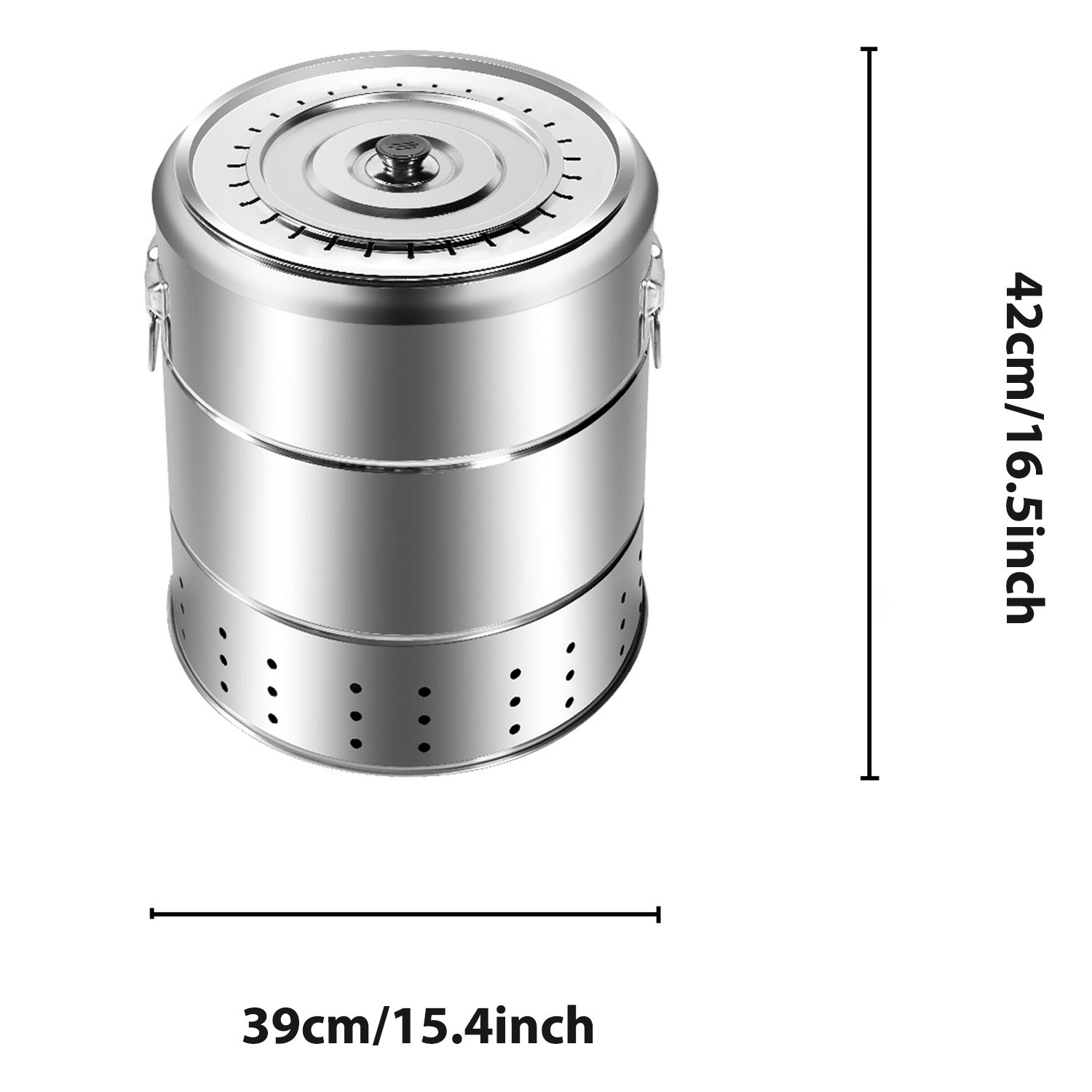 Stainless steel smokeless grill. Height: 42cm (16.5in), Diameter: 39cm (15.4in). Features a cylindrical, portable design.