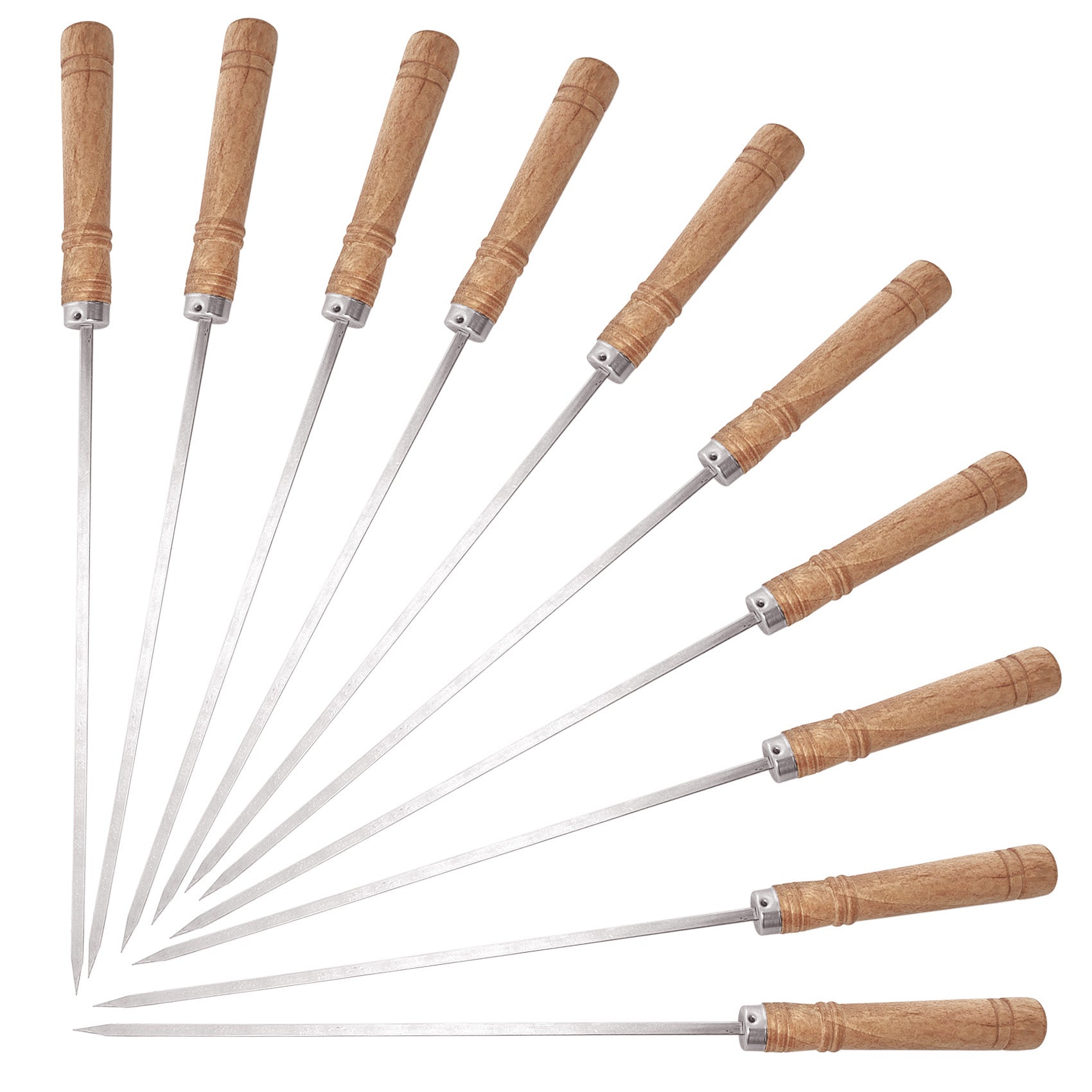 10pcs 14'' BBQ Skewers Kabob Grill Skewers with Wooden Handle 304 Stainless Steel Flat Kebab Skewers for Meat Cubes, Donner Kebab, Tortilla Kebab, Hanging Grill Skewers with Clipper