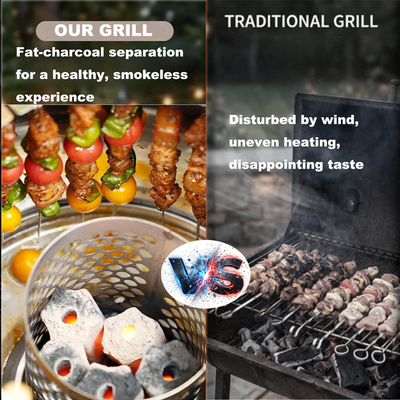 Promotional collage for a charcoal grill product, showing skewered vegetables and meat on a grill, charcoal briquettes in a metal basket, and text comparing the product to a traditional grill.